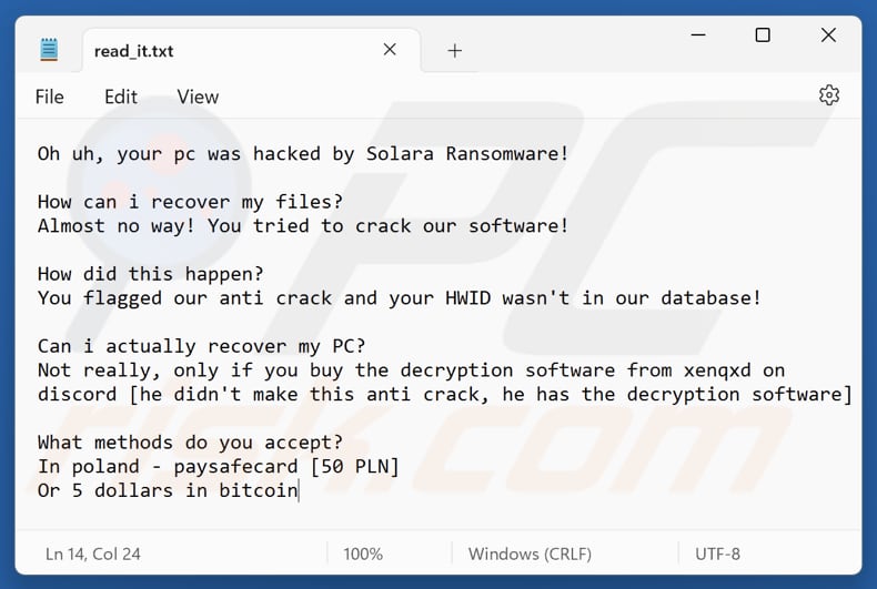 Fichier texte du ransomware Solara (read_it.txt)