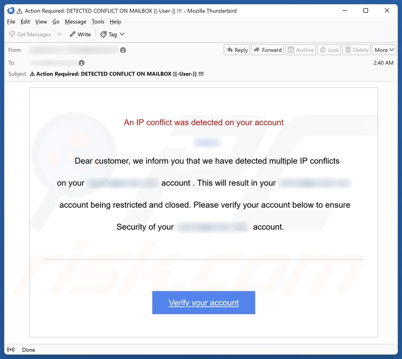 An IP Conflict Was Detected On Your Account email spam campaigne