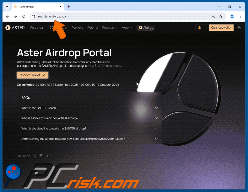 Apparence du faux site web Aster Airdrop (GIF)