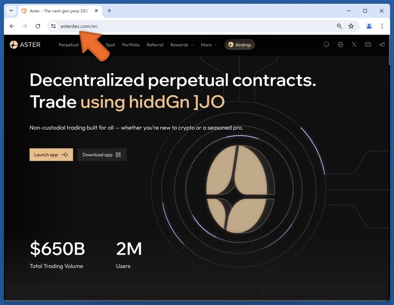 Apparence du véritable site Web d'Aster (asterdex.com)