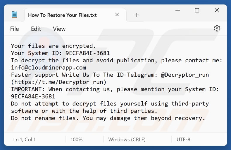 Fichier texte du ransomware Bitco1n (How To Restore Your Files.txt)