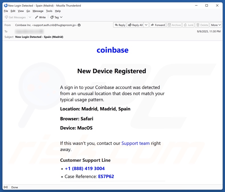 Campagne de spam par e-mail « Coinbase Device Registration »