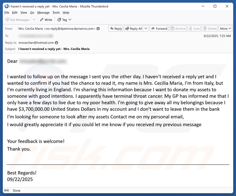 Campagne de spam par e-mail « Don à une personne bien intentionnée »