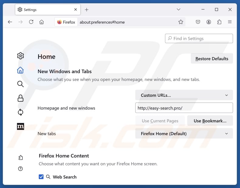 Supprimer easy-search.pro de la page d'accueil de Mozilla Firefox