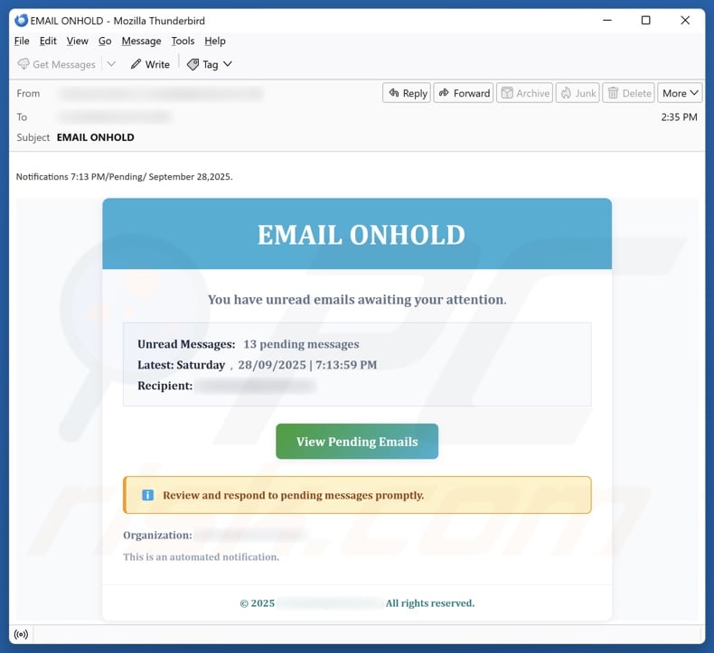 Campagne de spam « Email On Hold »