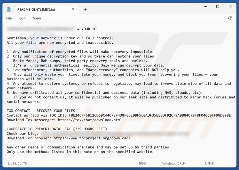 Fichier texte du ransomware Gentlemen (README-GENTLEMEN.txt)