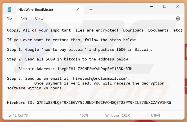 Fichier texte du ransomware HiveWare (HiveWare-ReadMe.txt)