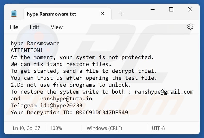 Fichier texte du ransomware Hype (hype Ransmoware.txt)