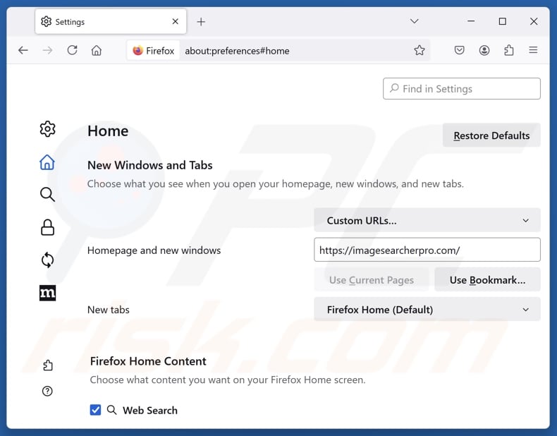 Suppression de imagesearcherpro.com de la page d'accueil de Mozilla Firefox
