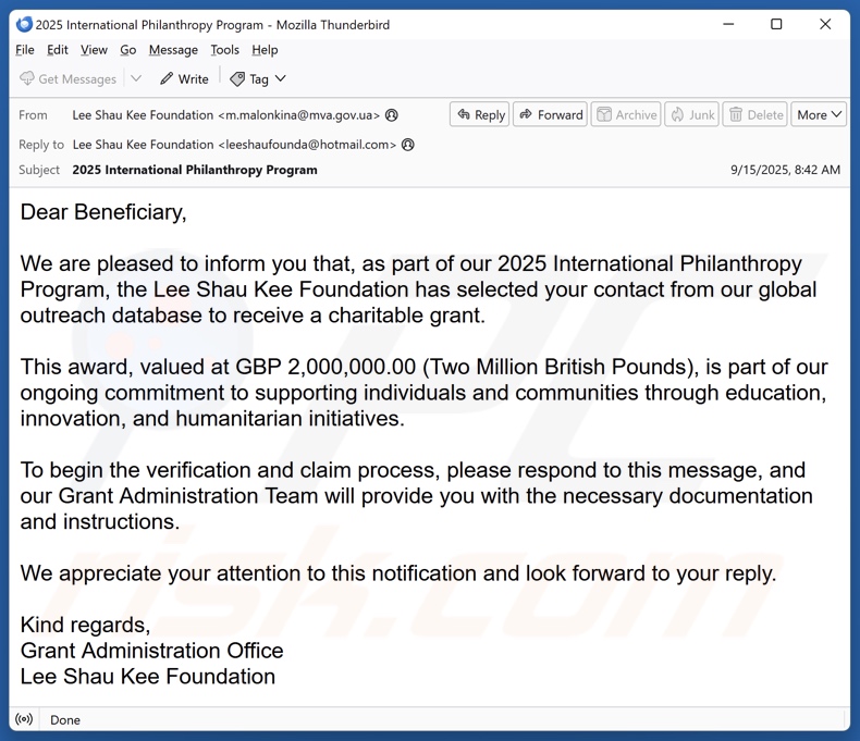 Campagne de spam par e-mail du programme philanthropique international
