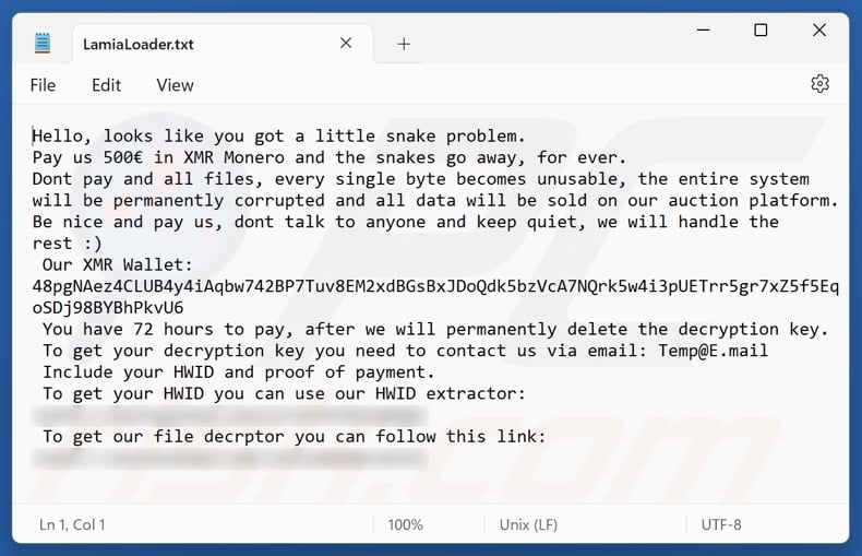 Note de rançon du ransomware Lamia Loader (LamiaLoader.txt)