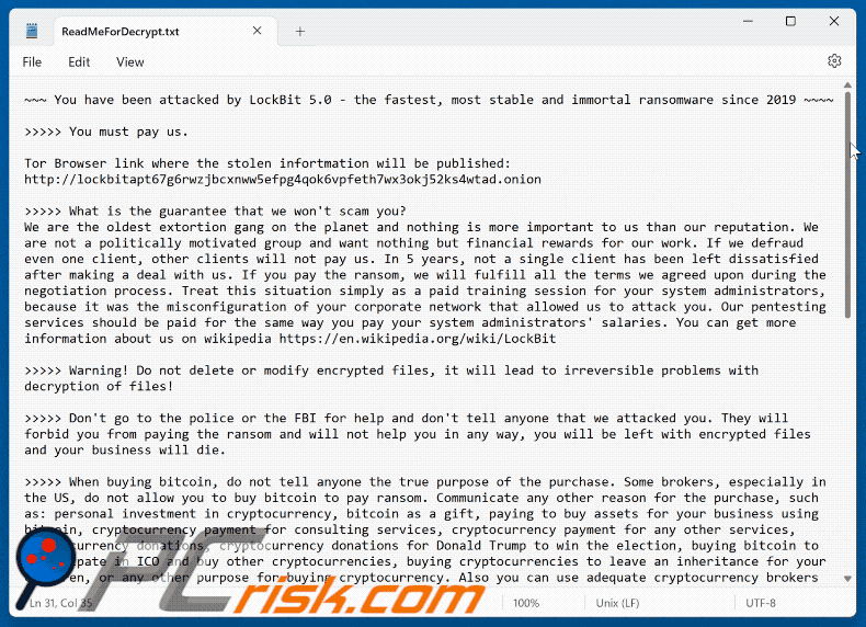 Note de rançon du ransomware LockBit 5.0 (ReadMeForDecrypt.txt)