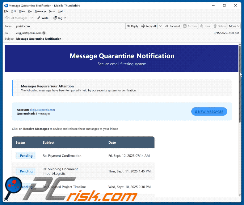 Apparence de l'e-mail frauduleux « Message Quarantine Notification »