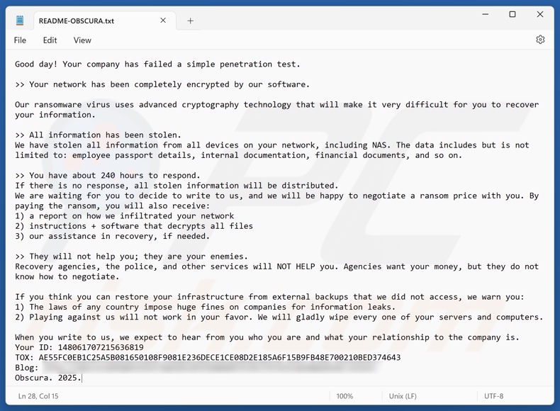 Note de rançon du ransomware Obscura (README-OBSCURA.txt)