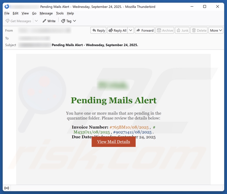 Campagne de spam par e-mail « Pending Mails Alert »