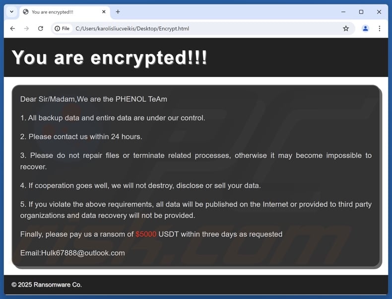 Note de rançon du ransomware Phenol (Encrypt.html)