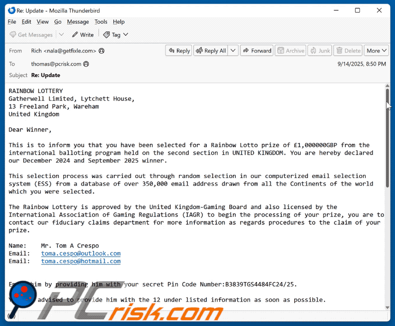 Apparence du courriel frauduleux Rainbow Lottery (GIF)