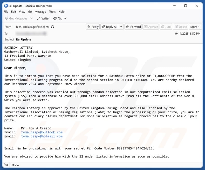 Campagne de spam par e-mail Rainbow Lottery