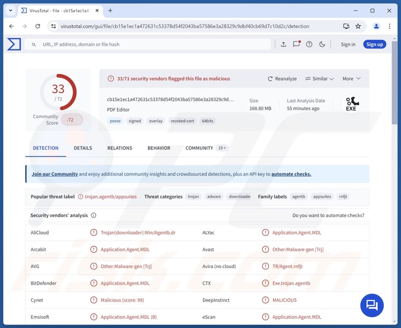 Détections du malware TamperedChef sur VirusTotal