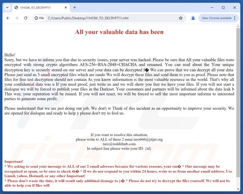 Note de rançon du ransomware Taro (!!!HOW_TO_DECRYPT!!!.mht)