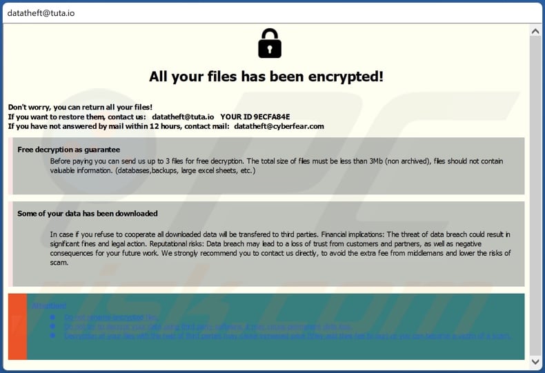 Note de rançon du ransomware Theft (fenêtre contextuelle)
