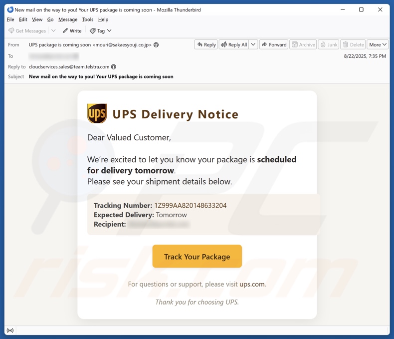 Campagne de spam par e-mail « Avis de livraison UPS »