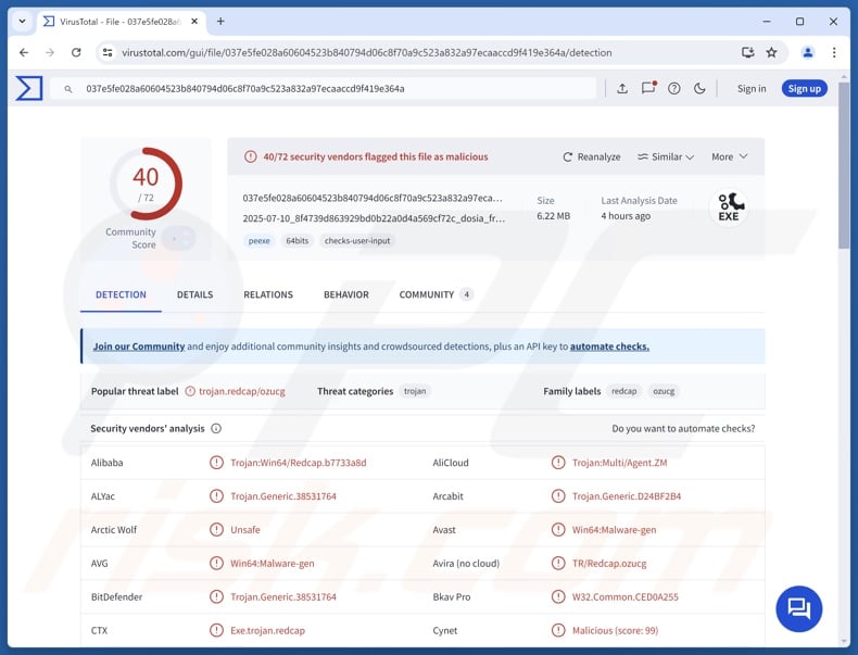 Détections du malware ZynorRAT sur VirusTotal