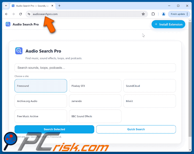 Audio Search Pro pirate de navigateur redirigeant vers audiosearchpro.com (GIF)