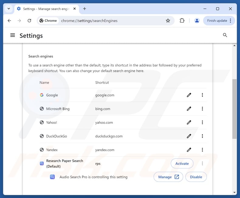 Supprimer audiosearchpro.com du moteur de recherche par défaut de Google Chrome