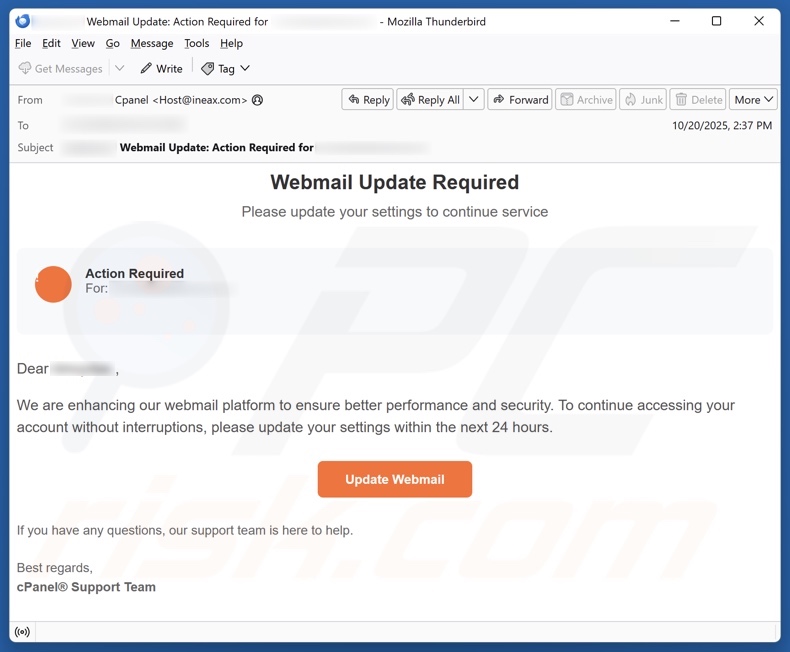 cPanel - Webmail Update Required campagne de spam par e-mail