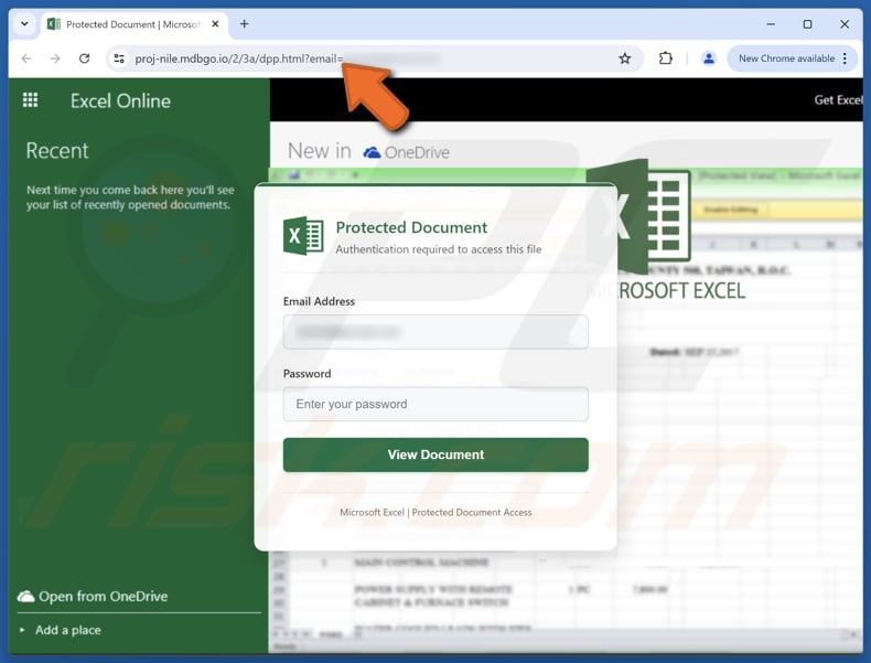 Page de phishing de l'arnaque par e-mail Excel Online Manager