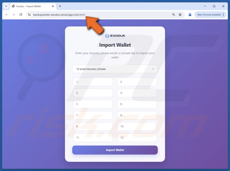 Exodus Wallet Verification Arnaque par e-mail faux site web