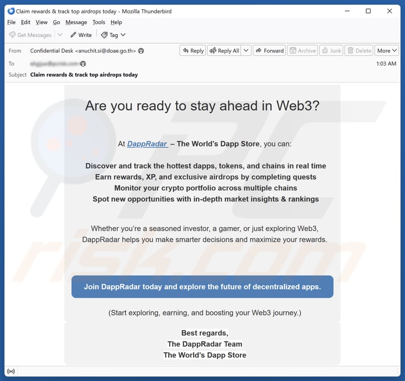 Faux e-mail promotionnel du site web DappRadar
