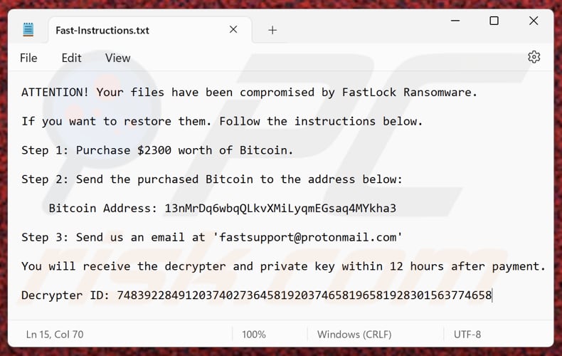Fichier texte du ransomware FastLock (Fast-Instructions.txt)