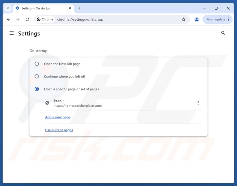 Supprimer homesearcherplace[.]com de la page d'accueil de Google Chrome