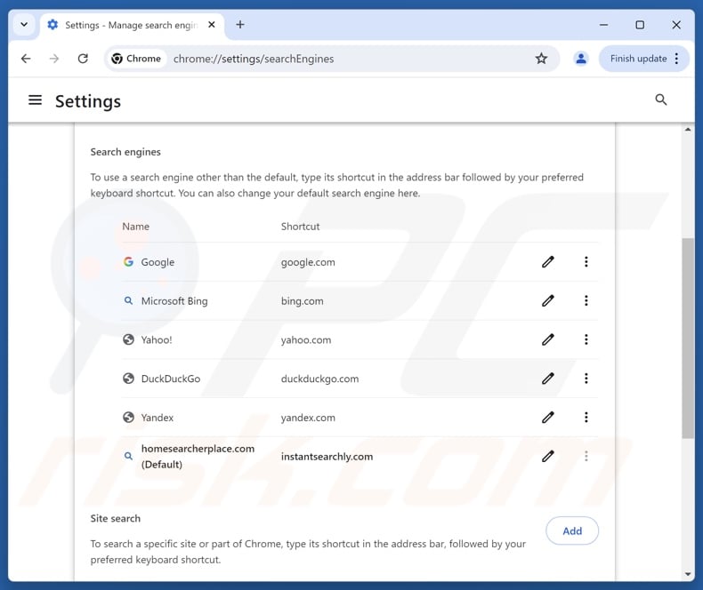 Supprimer homesearcherplace[.]com du moteur de recherche par défaut de Google Chrome