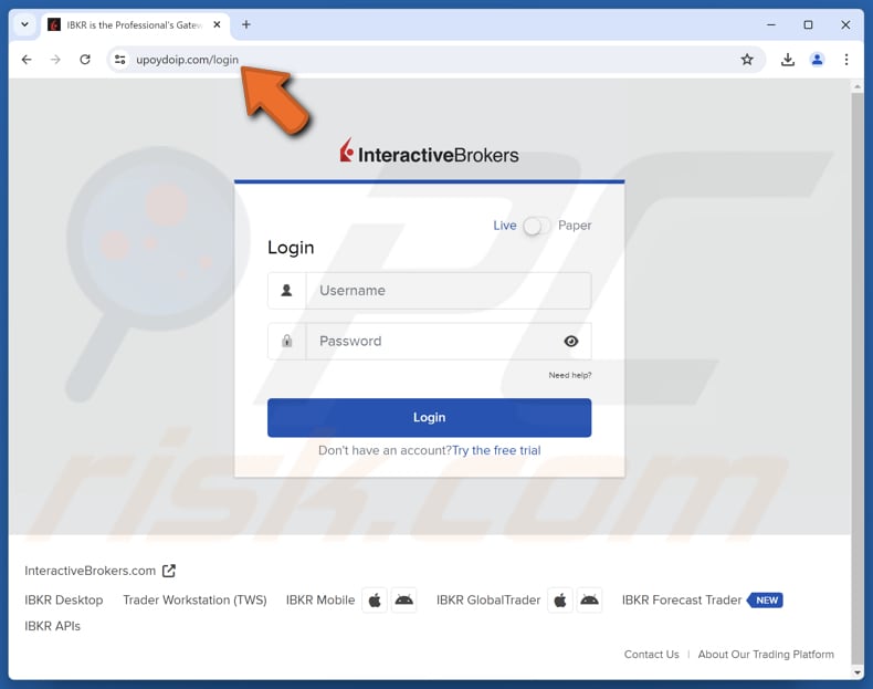 Page de phishing de l'arnaque par e-mail concernant l'avis de vérification de conformité d'Interactive Brokers