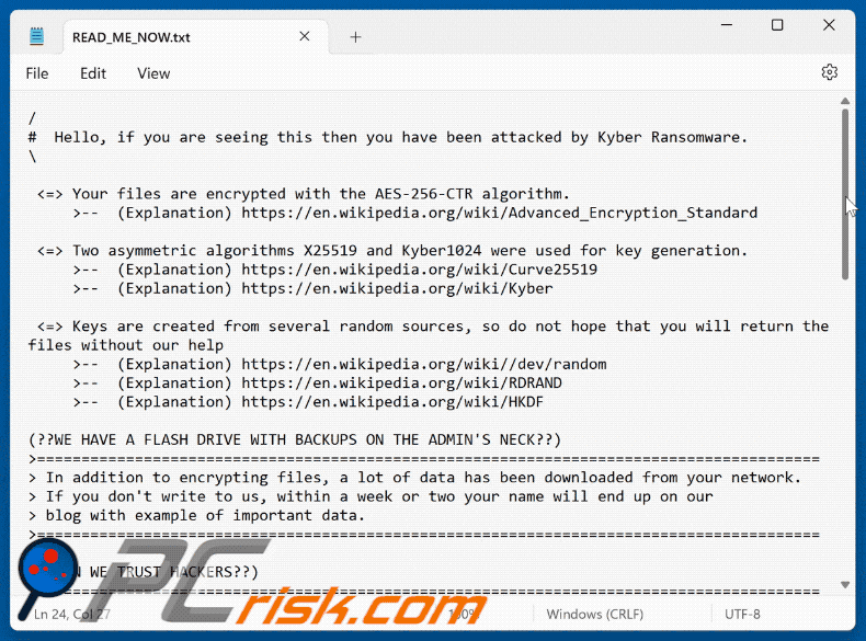 Kyber ransomware demande de rançon (READ_ME_NOW.txt)