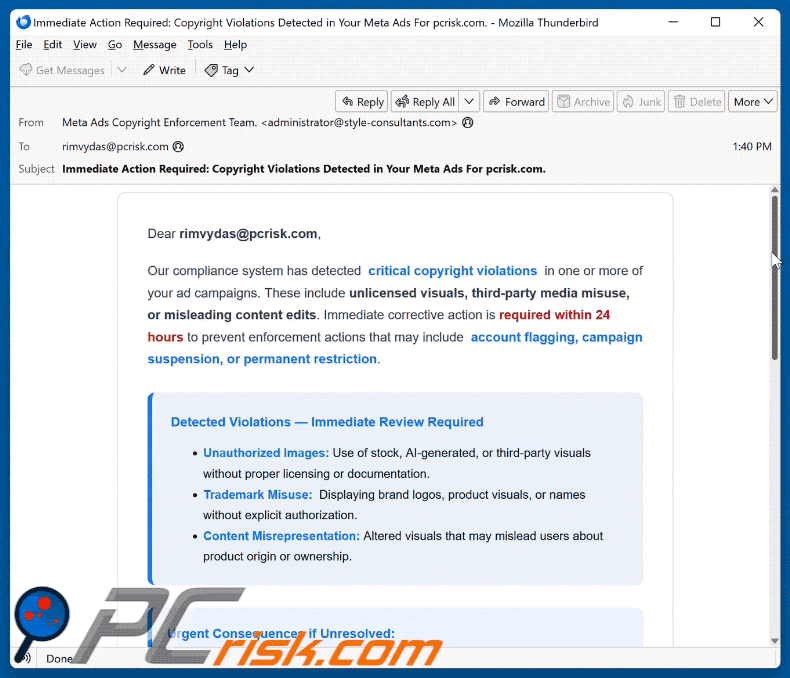 Meta Ads Critical Copyright Violations apparence frauduleuse
