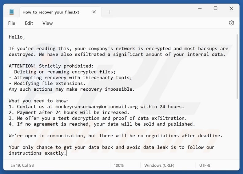 Monkey ransomware demande de rançon (How_to_recover_your_files.txt)