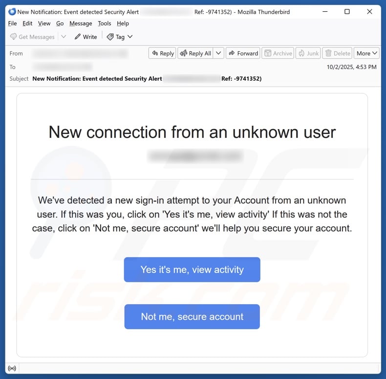 Campagne de spam par e-mail « Nouvelle connexion d'un utilisateur inconnu »