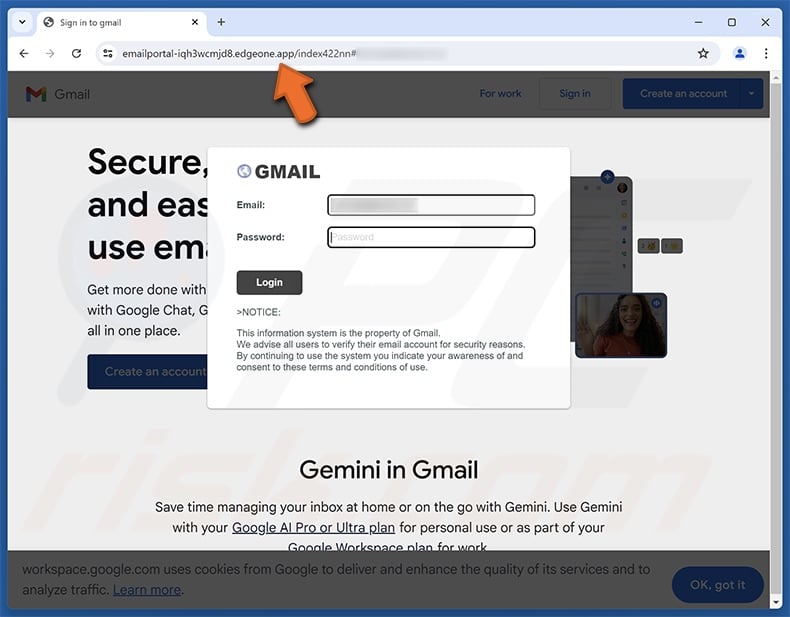 Site de phishing promu par l'e-mail frauduleux « Nouvelle connexion d'un utilisateur inconnu »