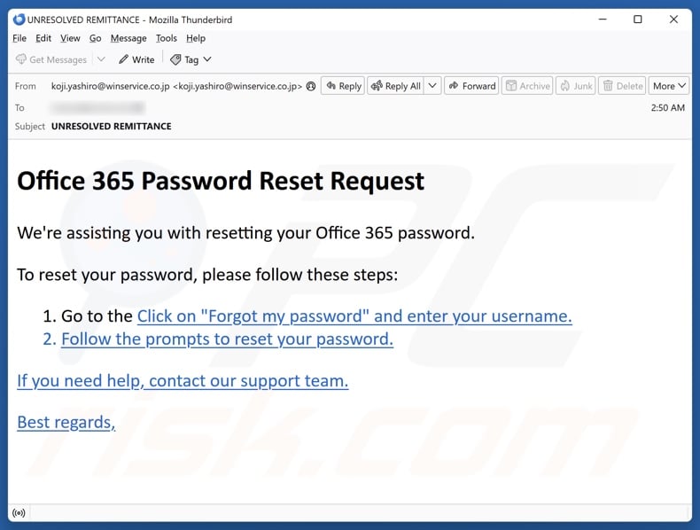 Office 365 Password Reset Request campagne de spam par e-mail