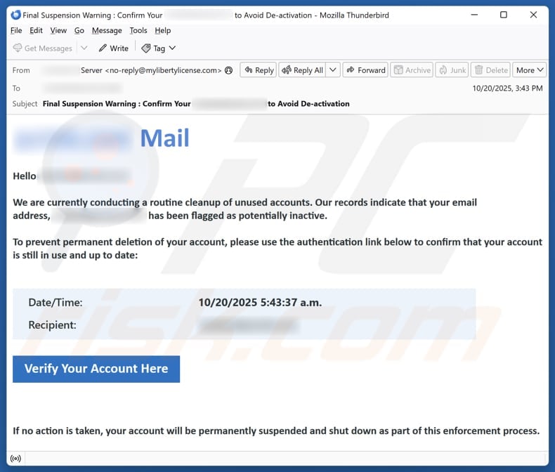 Email Account Failure Notice campagne de spam par e-mail