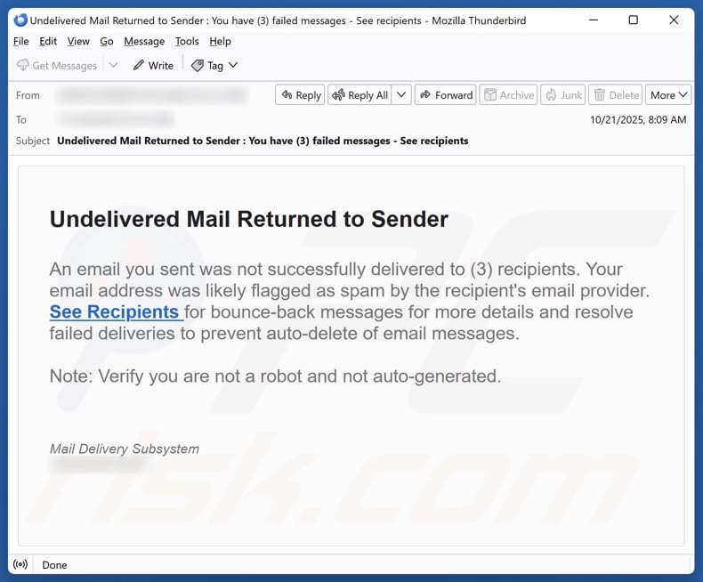 Undelivered Mail Returned To Sender campagne de spam par e-mail