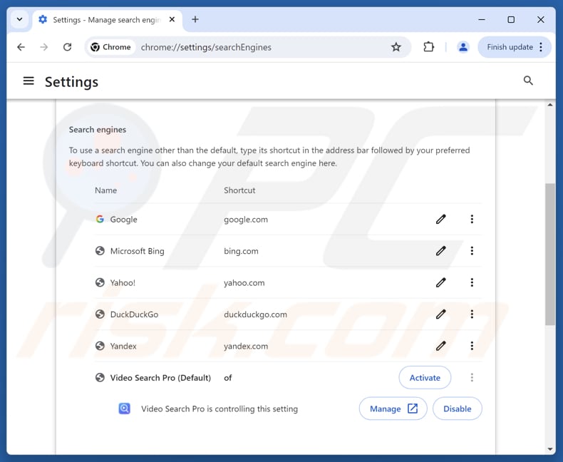 Supprimer videosearcherpro.com du moteur de recherche par défaut de Google Chrome