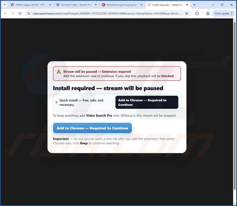 videosearcherpro.com rediriger promoteur trompeur