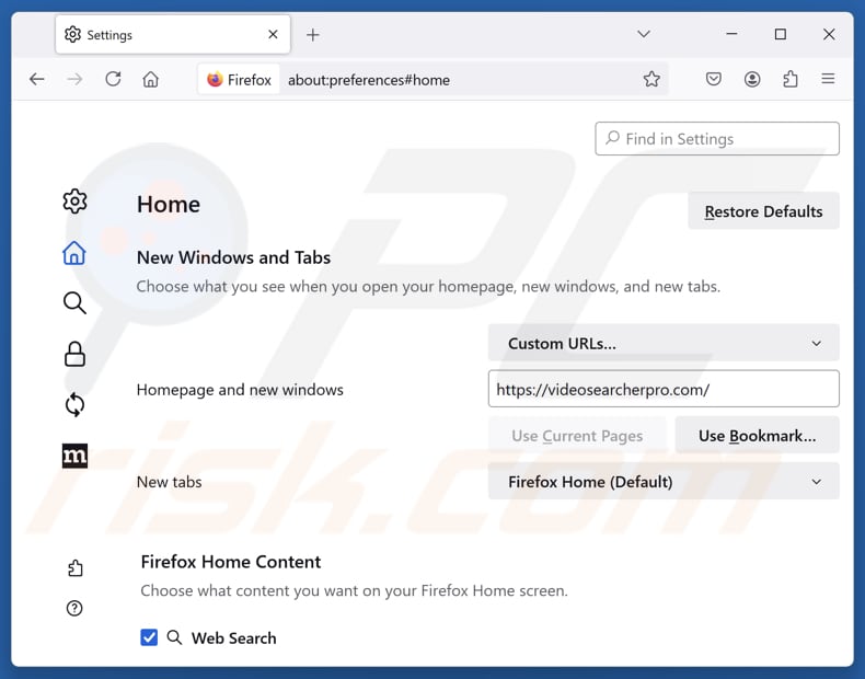 Supprimer videosearcherpro.com de la page d'accueil de Mozilla Firefox