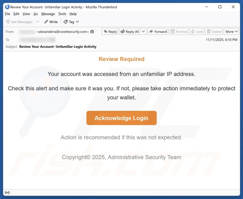 Account Accessed From An Unfamiliar IP Address campagne de spam par e-mail