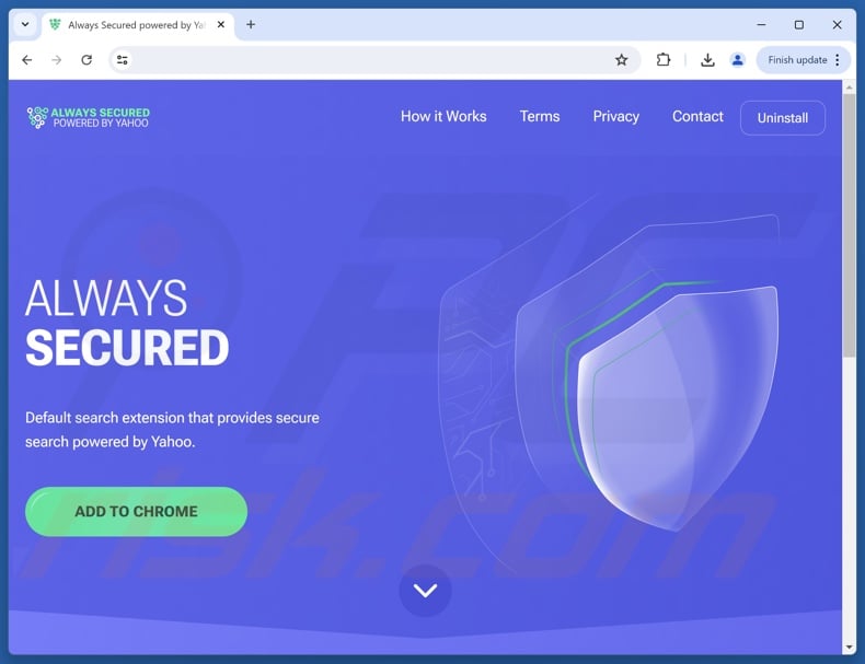 Site web utilisé pour promouvoir Always Secured, optimisé par le pirate de navigateur Yahoo